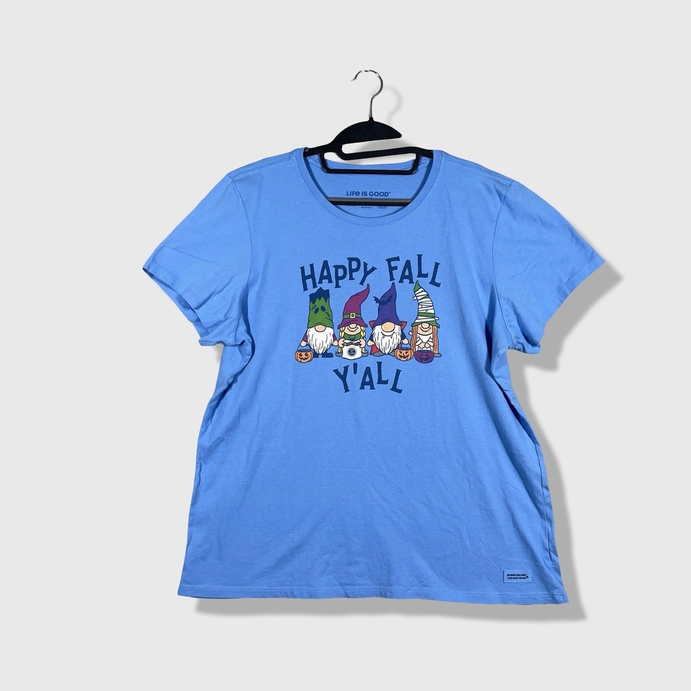 Life is Good Crusher Tee Womens XXL Blue Happy Fall Y'all Gnomes Halloween Tee